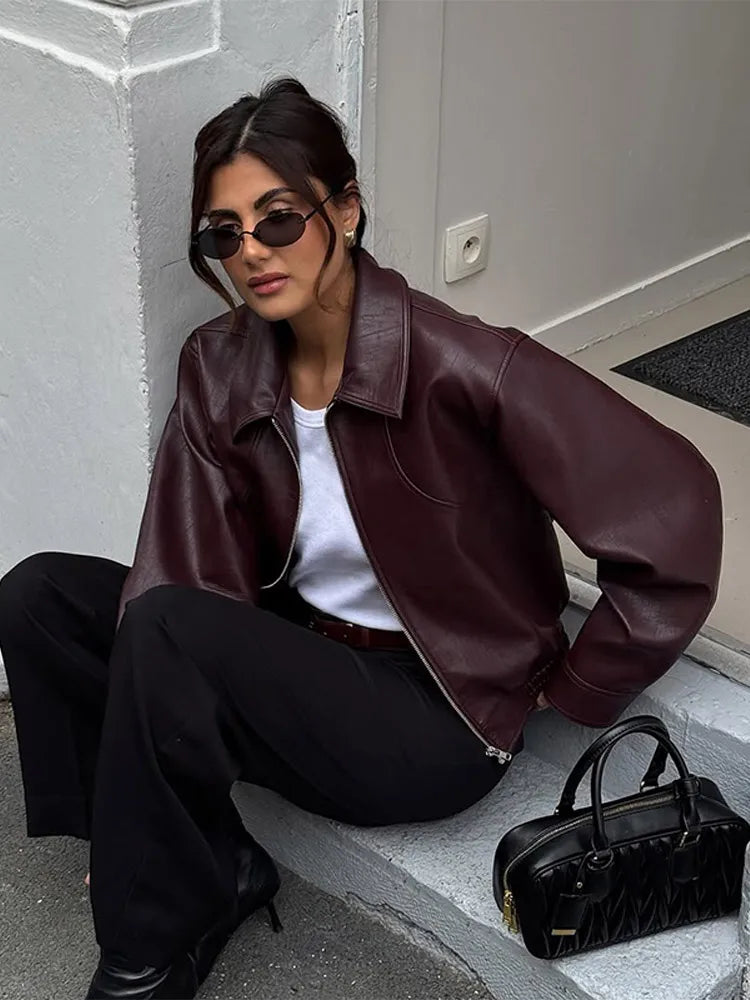 UK Size Casual Dark Red/Burgundy Color  Zipper Leather Short Jackets Women Long Sleeve Lace Up Lapel Loose Button Coat Lady Daily High Street Wear