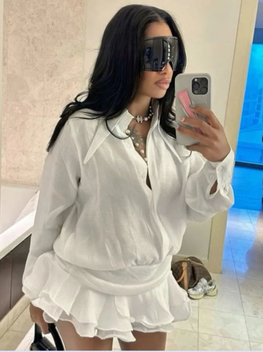 NEW Arrivals UK Size  Sexy Mesh See Through Mini White Dress Women Hipster Lapel Single Breasted Full Sleeve Tiered Dresses Spring Evening Party Summer Beach Night Clubwear Dress
