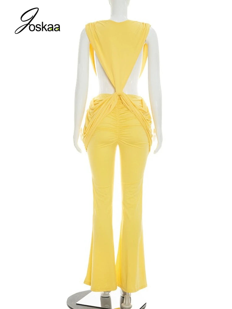3 Colors Sexy Draped Low Neck Sleeveless Bodycon Jumpsuit Women Hipster Deep V-Neck Backless Ruched Skinny Flare Pants Rompers Evening Party Clubwear Outfits