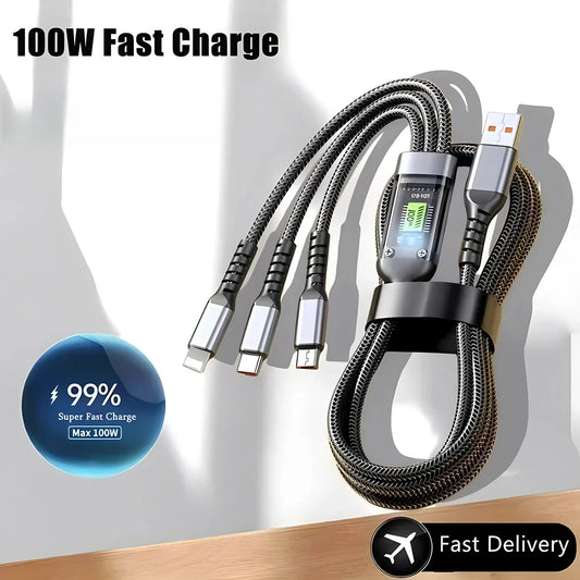 NEW Arrivals 3 in 1 Multi Port USB 100W Cable Fast Charging Charger Cable for Home Office Gaming Car Accessories For iPhone Xiaomi Huawei Type C Charger Cable Wire Line