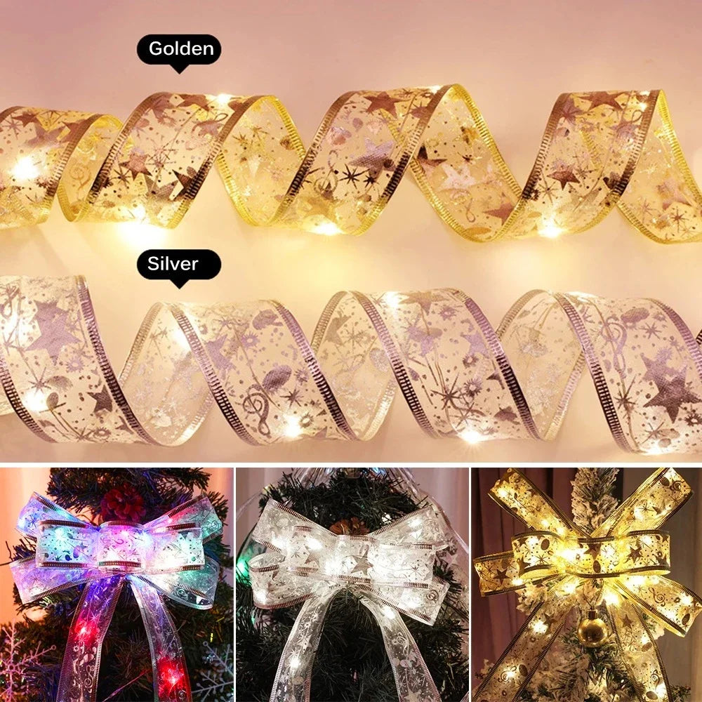NEW Arrivals 5CM Wide Christmas Ribbon Fairy Light Christmas Decoration DIY Bows String Light Tree Ornaments For Home Xmas Decor New Year Eve Accessories Supplies