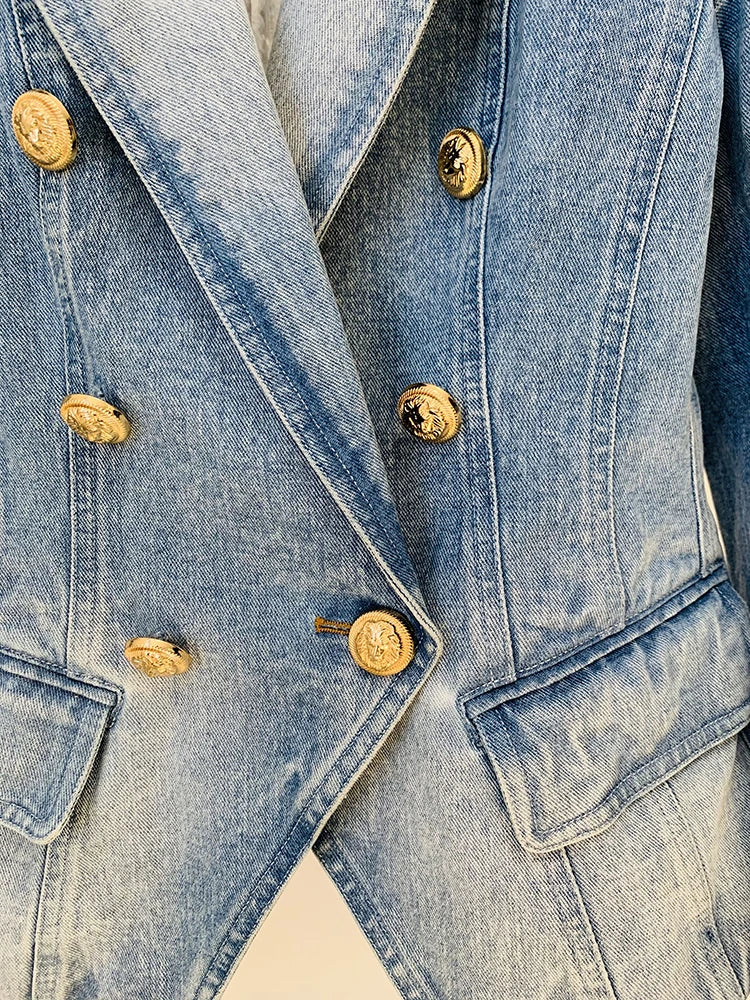 Newest  Designer Jacket Women's Slim Fitting Double Breasted Lion Buttons Denim Blazer