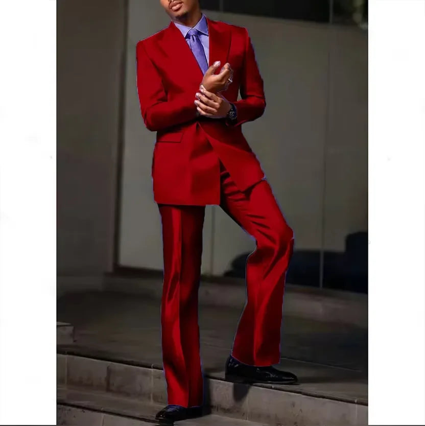 8 Colors 2 PCS Set S-7XL Extra Plus Size Luxury Men‘s Satin Suit Peak Lapel Slim Fit Tuxedo Jacket Straight Leg Pants Formal Outfit Wedding Prom Party Groom.