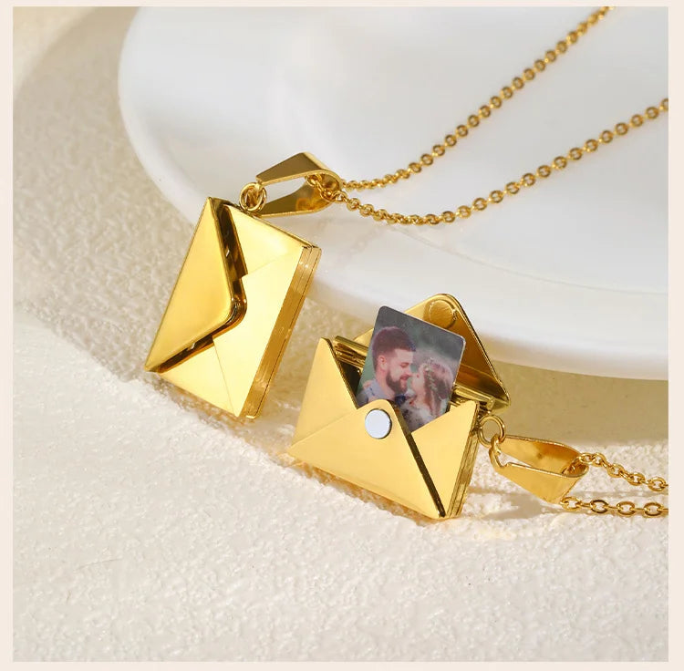 Personalized Photo Locket Necklace Envelope Dates/Names Love Letter Shape Pendant for Women, Customized Picture Pendant Gifts