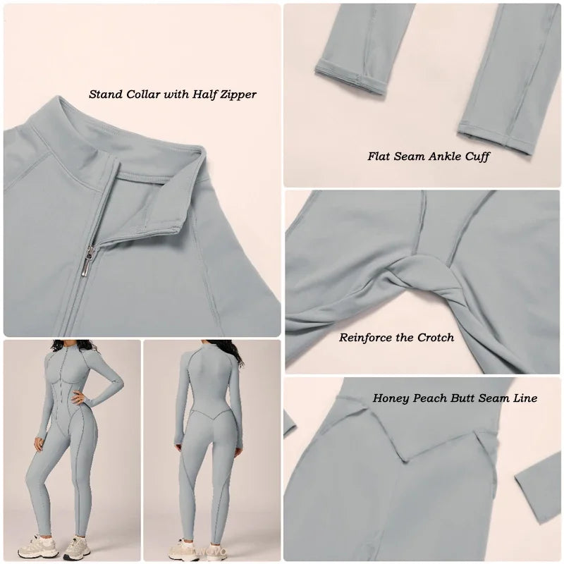 5 Colors Women's Running Onesie Athletic Romper Pants Long Sleeve Zip Up Hiking Outfits One Piece Workout Bodycon Jumpsuits emale Sports Apparel Supplies