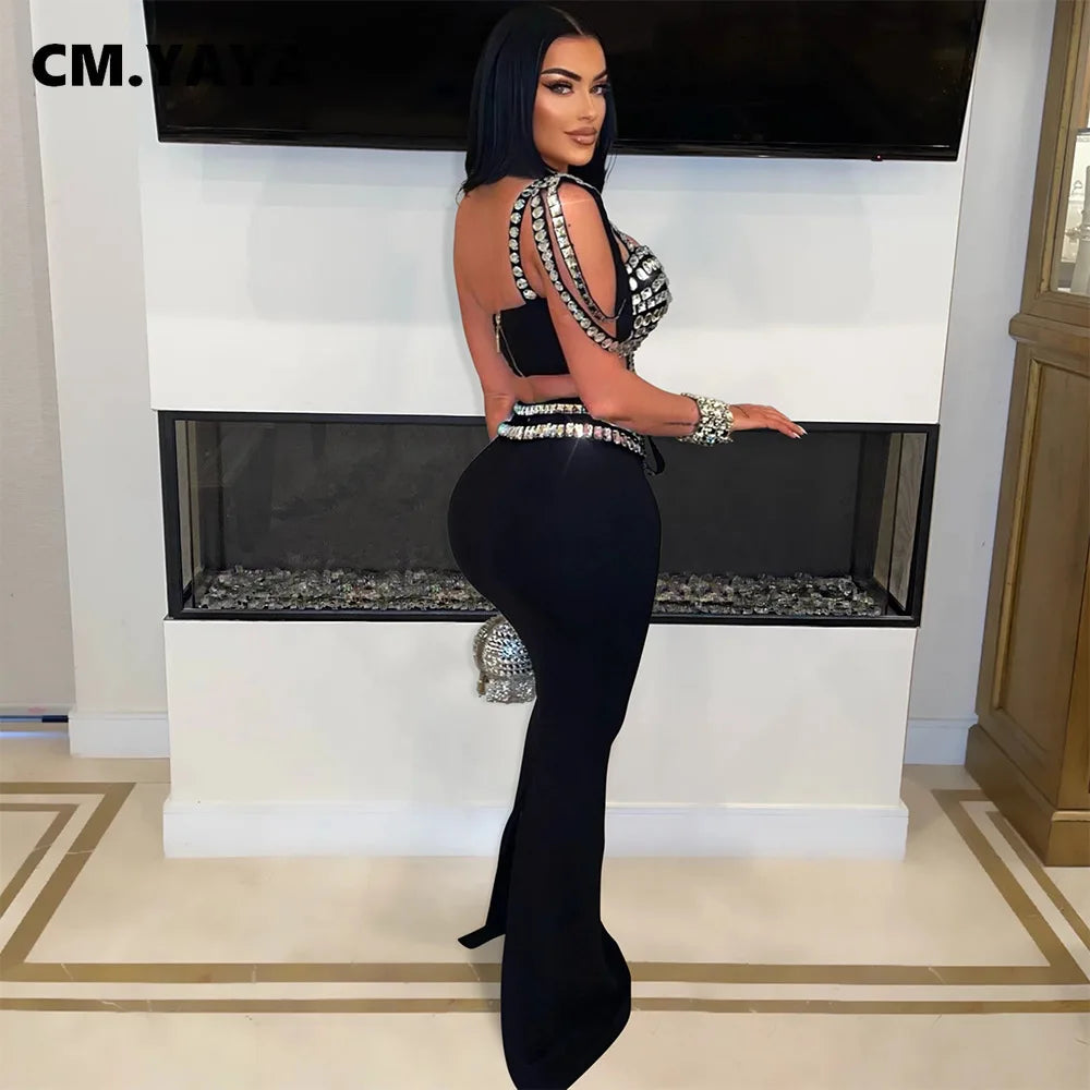 NEW Arrivals Women Girls 2PCS Set Diamonds Hot Rhinestones Strapless Top + Long Skirt Suit Dress Sets Two 2 Piece Set Party Club Night Outfits Female Ladies Luxury Fashion Clothing Supplies