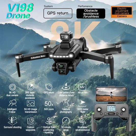 NEW Arrivals For Xiaomi V198GPS 18 Languages Drone ESC 6K Professional High Quality HD Camera Video Recording Brushless Obstacle Avoidance Aerial Optical Foldable Quadcopter Mini Drone Electronics Accessories Supplies