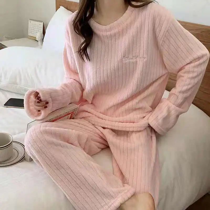 NEW Gray-Purple Winter Autumn Women Solid Warm 2 Piece Sets Thicken Velvet Ribbed Fleece Set Pullover And Pants Women Casual Pajama Sets Girls Female Nightgowns Sleepwear Set Fashion Clothing Supplies