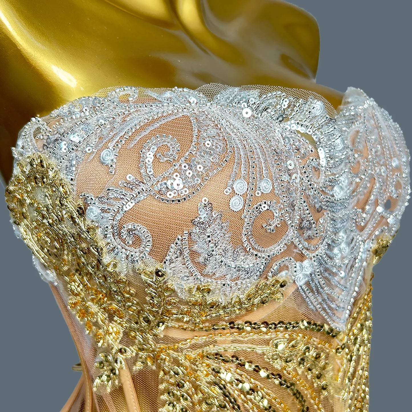 Women Glitter 2-Pieces Sets Top Short Skirt Sexy Strapless Sequins Crystal Luxury Gold Dress Design  Stage Show Outfit