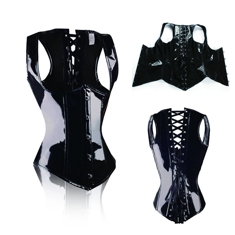 NEW Luxury Leather Black PVC Steampunk Corset Basque Bustier Women  Sexy Leather PVC Waist Trainer Body Shaper Corsets Underwear Fashion Supplies  Ladies Female Luxury Sexy Lingerie Fashion Clothing Products