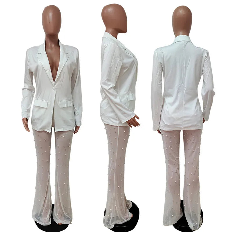 NEW arrivals 2PCS Set  S-2XL 3 Colors Women Sexy Outfits Clubwear Single Button Blazer Coats Pearls Mesh Sheer Pant Suits Y2K Clothes Matching Sets Girls Sexy Fashion Clothing Supplies