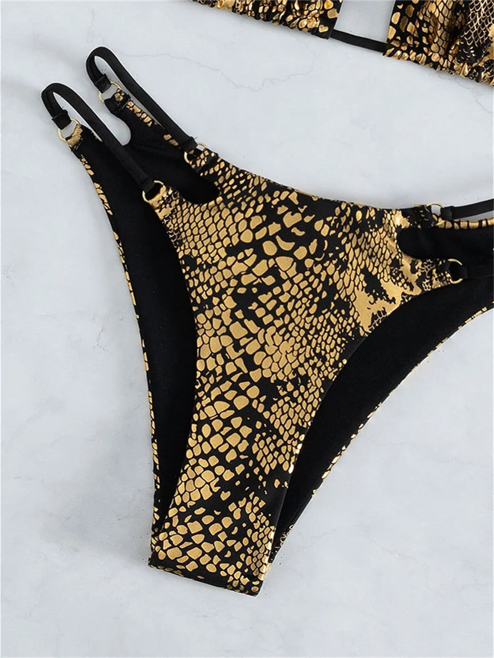 Black Gold Snakeskin Bikini Metallic Bronzing Goth Swimsuit Push Up Backless Extreme String Swimwear Thongs Women Beach Bathing Suit Ladies Summer Beach Vacation Outfits