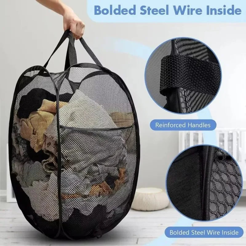 2-6 PCS Set Folding Dirty Laundry Sorting Basket Washing Frame Bathroom Cloth Mesh Storage Bag Frame Bucket Laundry Organizers Storage Pouch Laundry Accessory Sets