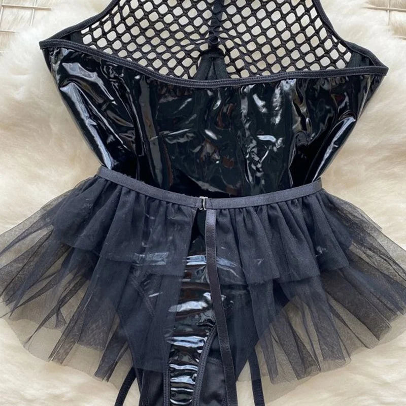 Women Sexy Halter PU Leather Patchwork Mesh Jumpsuit Bunny Girl Cosplay Uniform Lace Slim Hollow Out Bodysuit Short Skirt Pant Female Lingerie Fashion Clothing Apparel Supplies