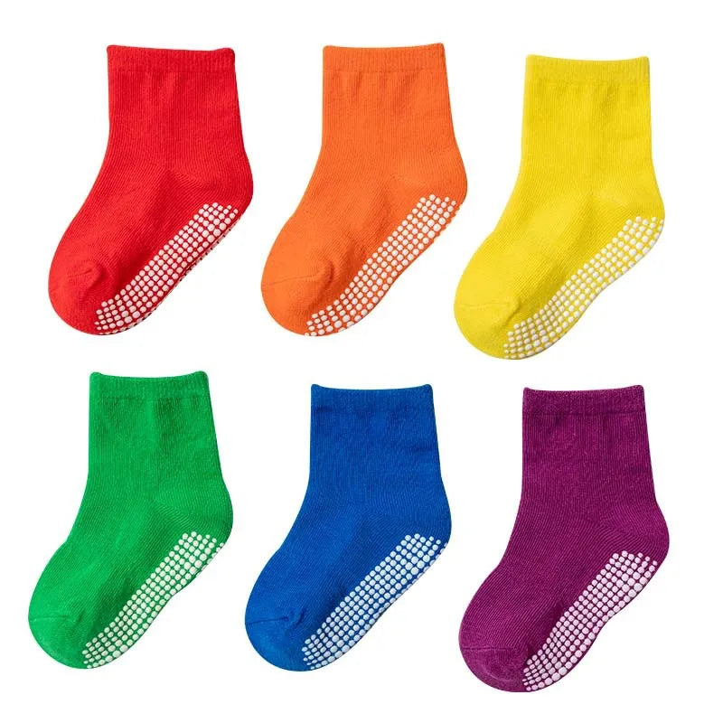 NEW 0-7Y 6 Pairs Set Lot Spring Autumn Newborn Kids Anti-Slip Cotton Socks Solid Color Soft Breathable Cotton Baby's Boat Socks Boys Girls Trampoline Socks
