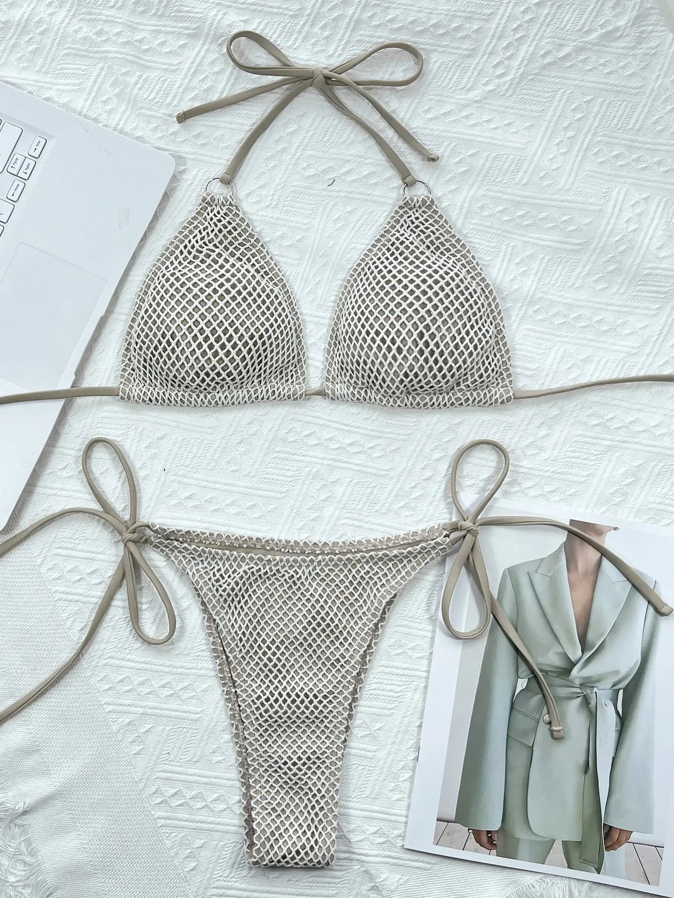 Women Sexy 2 Pieces Suit Knitted Hollow Out Swimsuit Triangle Thong Padded Bikini Halter Lace-Up Swimwear Backless Bathing Suits