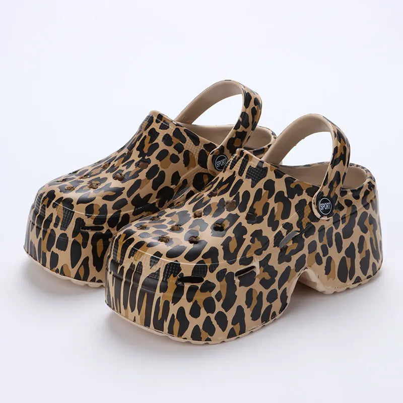 Leopard Thick Bottom Clogs for Women Closed Toe Chunky Platform Sandals Woman Summer Super High Wedge Heel Slippers Female