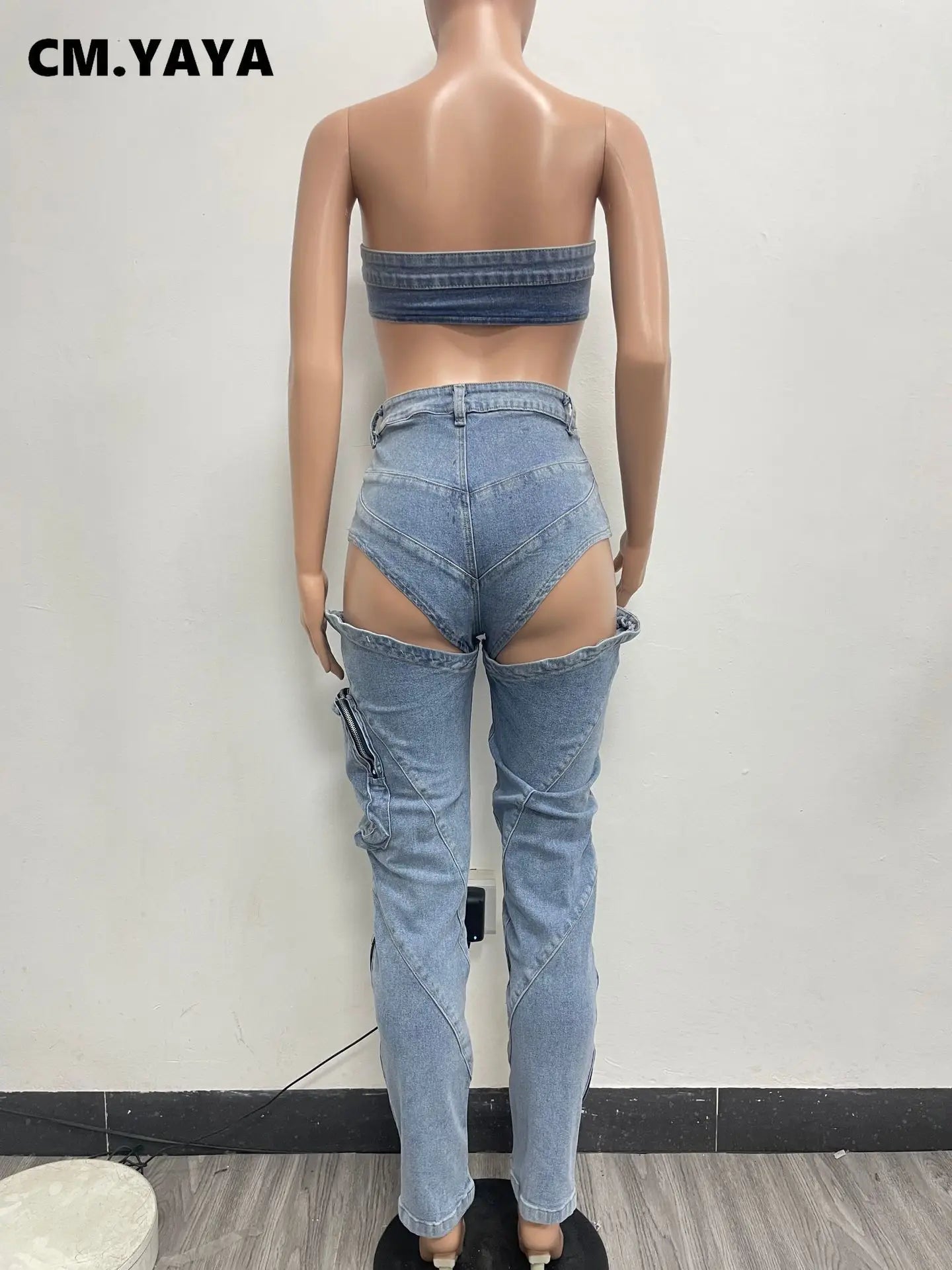 Fashion Denim Women's Set Strapless Bra Crop Top and Slit Jeans Pants Suits Sexy Party Club Two 2 Piece Set Outfits