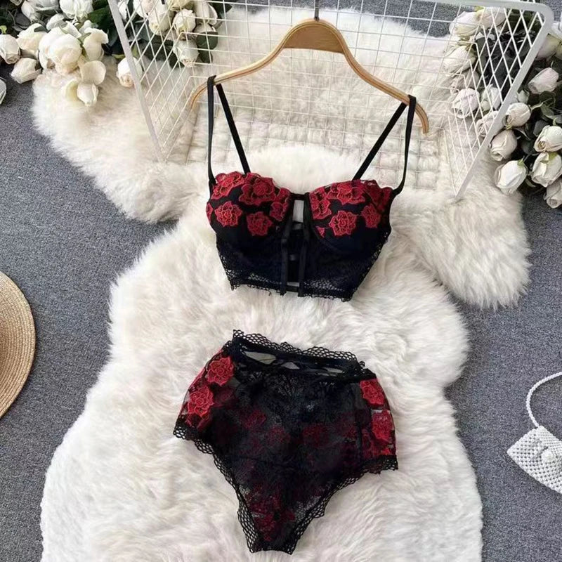 Gathering Underwear Set Super Short Tops Sexy Lingerie Patchwork Lace Flowers Black See-through Women's Secret Clothes Pajamas Ladies Luxury Lingerie Fashion Clothing Products