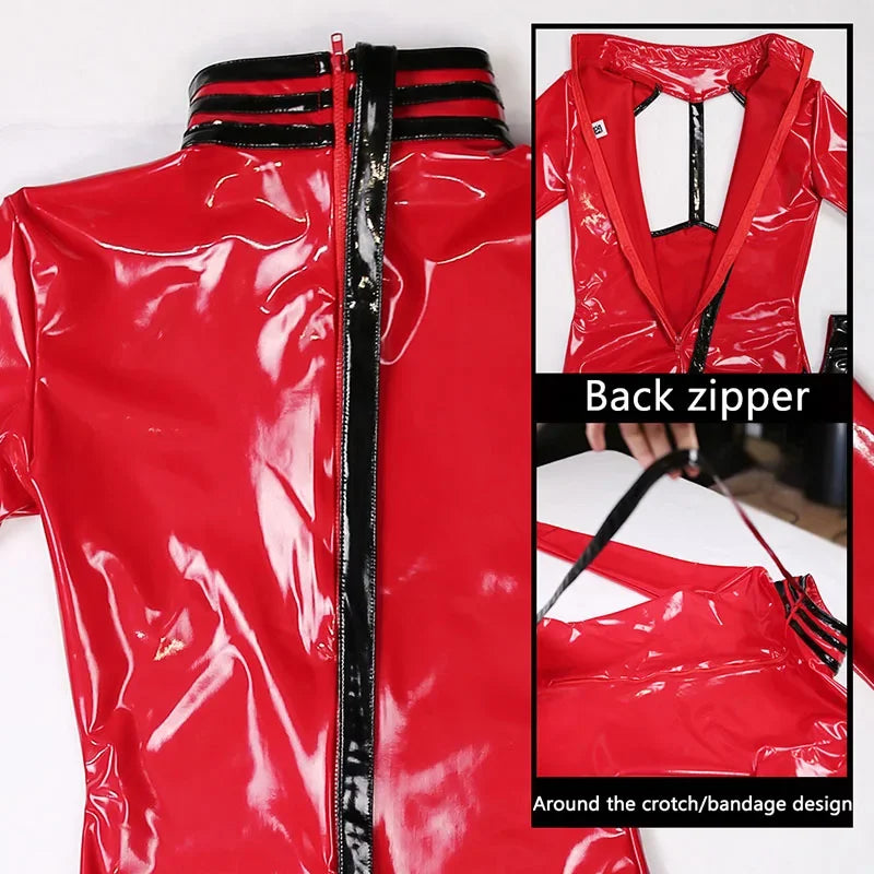 Sexy Fetish  Cosplay Sets Wetlook Women Shiny Patent Leather Suits Exposed Bodysuits Exotic Party Nightclub Costume Custom