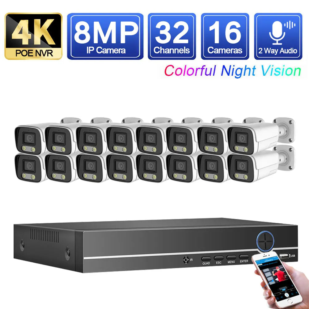 8MP Two Way Audio Camera indoor outdoor Color Night Camera CCTV Video Surveillance Security System 32CH 4K POE NVR Kit