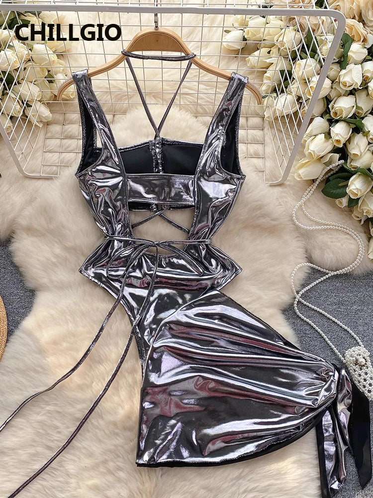 Just Arrived Gold/Silvery Color Women Sexy Metallic Feeling Jumpsuits Skirts Clothing Sets Hollowed Bandage Halter Rompers Combi-Pants Tracksuit Tight Bodysuits Evening Beach Party Night Clubwear Suit