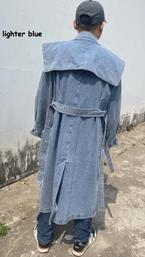 Spring Women Denim Trench Coat Spring Temperament Double Breasted Lace Up Loose Long denim Coat All Match Fashion