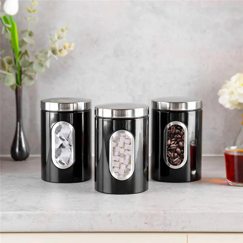 AB46-3 PCS Set Kitchen Canister Set With Secure Lids & Viewing Window Black Suitable For Sugar, Tea, Coffee, -Multi Food Storage Jar Kitchenware  Accessories Cooking Preparing Tools