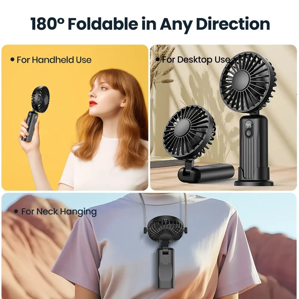 Portable Handheld Fan,2400mAh USB Rechargeable Foldable Fan 3 in 1 Personal Travel Fan with Digital Display Mini Desk Fan