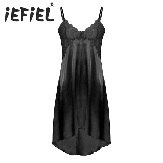 Mens Sissy Satin Nightdress Cross-Dressing Nightwear Sheer Lace Robe Patchwork Irregular Hem Adjustable Straps Dress Sleepwear