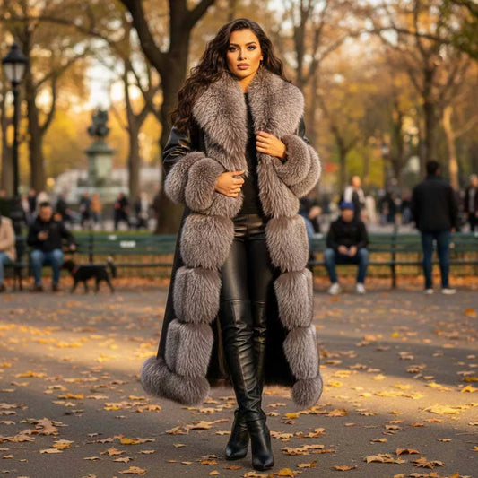 Boutique Gala HOT SALE 10 Colors S-4XL Plus Size Women's Luxurious Vintage Long Genuine Leather Trench Long Coat Real Fox Fur Collar Cuffs Detachable Collar Silk Lining Windproof Outerwear Ladies Luxury Clothing Supplies