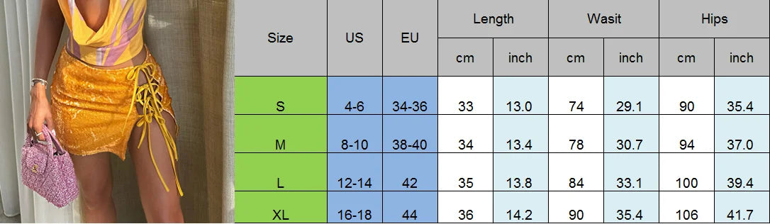 S-XL UK Size 3 Colors Sparkle Sequined Mini Skirt Women Club Party Sexy Hollow Out Tie Up Pencil Skirt Coquette High Waist Short Skirt Festival Rave Party Night Clubwear
