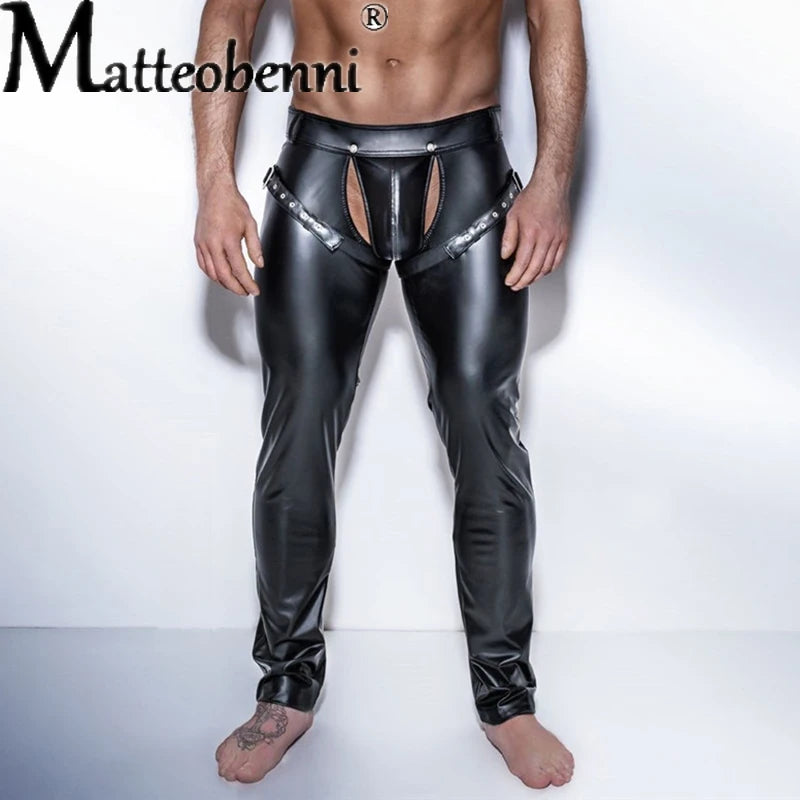 Gay Erotic Men Faux PU Leather Pants Male Wet Look Latex Trousers Open Front Pole Dance Pants Gay Fetish PVC Pants Clubwear Costumes