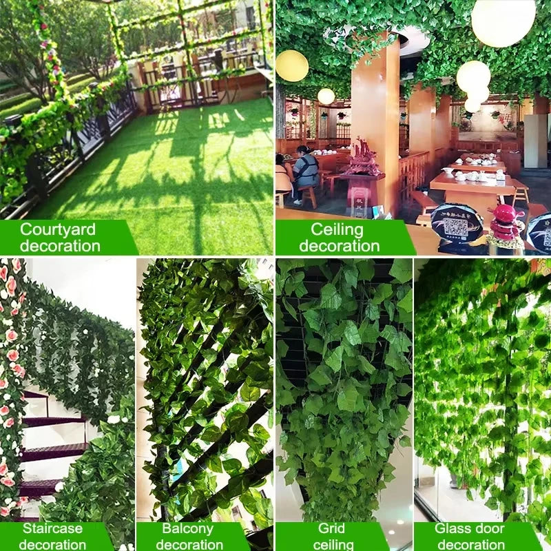 10M-105M 50 Strings Artificial Vine Leaf Decoration Vine Plants Hanging Outdoor DIY Fake Green Ivy Leaf Garland Rattan Wedding Garden Creeper Grapes Watermelon Begonia Sweet Potatoes Leaves