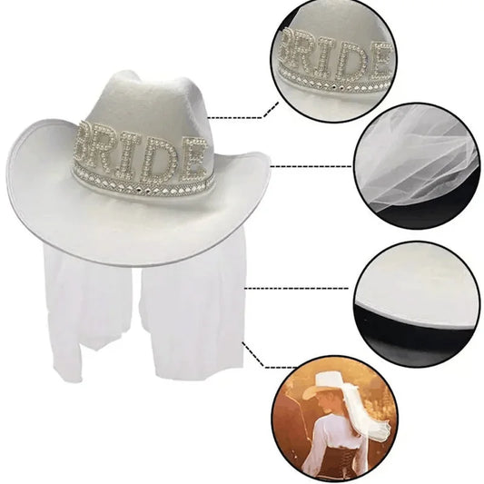 NEW Arrivals Bride Cowboy Veil Hat Country Western Barn Space Disco Wedding Cowgirl Bach Bachelorette Hen Party Bridal Shower Decoration Gift