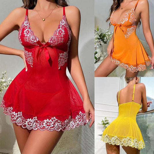 NEW Arrivals 2PCS Set S-2XL Sexy Lingerie Set Women's Nightgown Set Deep V Bra See-Through Dress Panties Attractive Underwear Female Babydoll Ladies Sexy Nightdress Suit