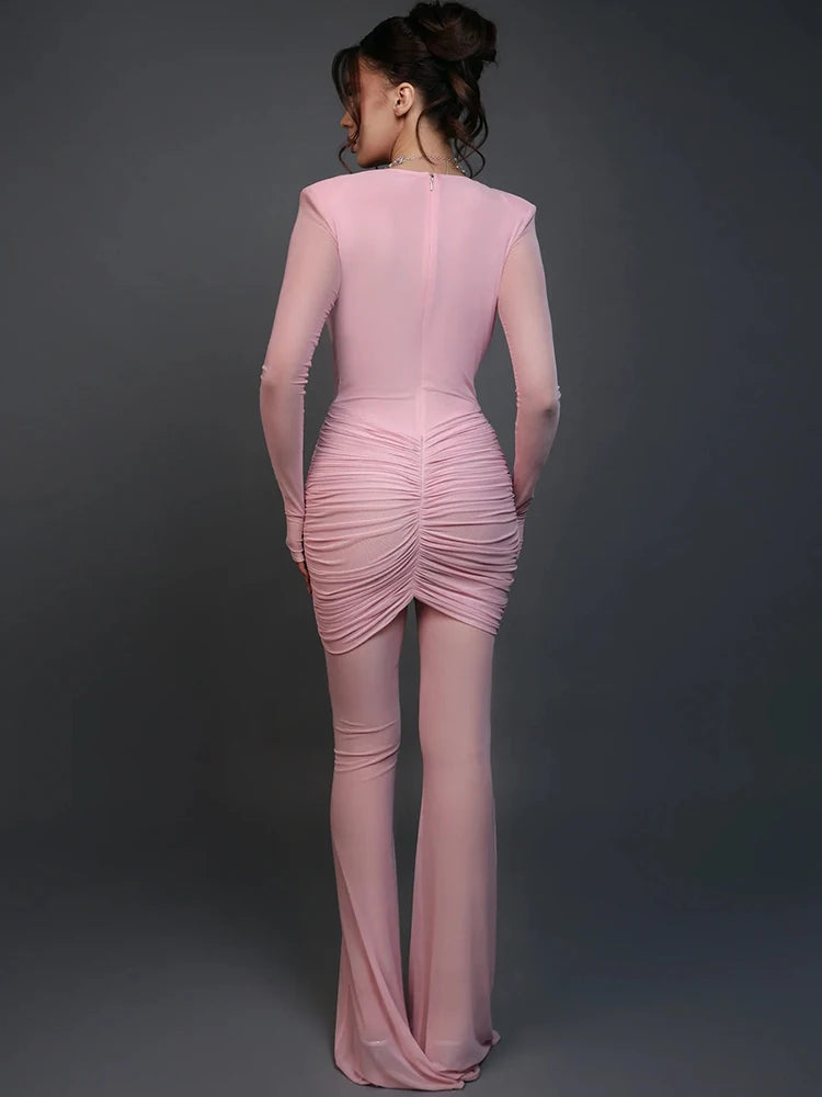 NEW Pink/Black Color UK Size Deep V Neck Long Sleeve Sexy Jumpsuits Women Autumn Winter Patchwork See Through Ruched Club Party Jumpsuit Female Fashion Clothing Supplies