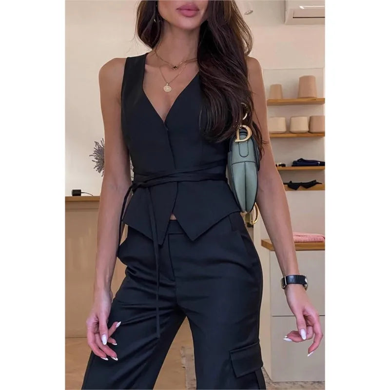 NEW Arrivals UK Size Black/Gray/White Color Elegant Chic Lace-Up V-Neck Women Vest Fashion Solid Slim Sleeveless Tops Female Spring Summer Fashion Sexy Lady Streetwear