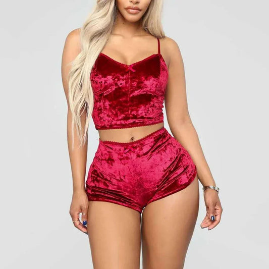 NEW Arrivals M-3XL (40KG-95KG) PLUS SIZE 5 Colors Women Sexy Velvet Lingerie Set Oil Shiny Nightwear Super Soft Short Sleepwear Sleeveless Crop Tops Solid Shorts Pajamas Set Home Wear