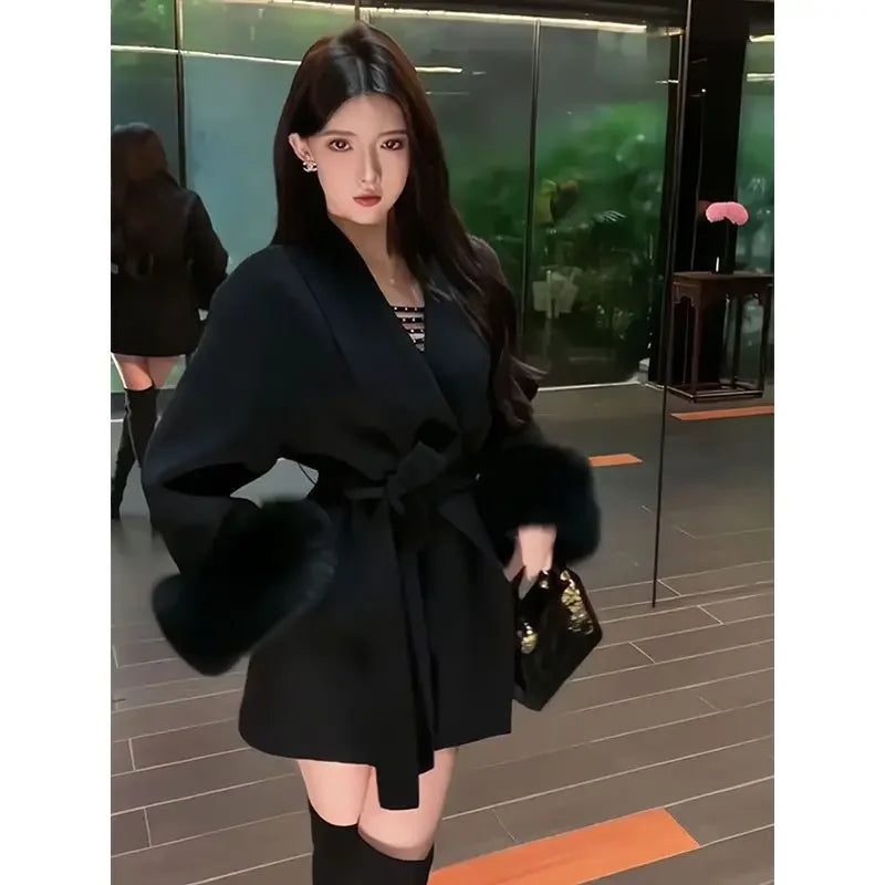 Low-Price Sales are Limited NEW Arrivals Women Patchwork Furry Long Sleeve Bandage Outwear Korean Y2K Clothes Solid Color Jackets Snow Winter Outwear Evening Nightclub Party Coats Ladies Girls Luxury Fashion Clothing Supplies