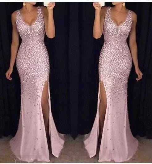 NEW Arrivals S-2XL 4 Colors Spring Autumn Winter New European American Cross-Border Side Slit Gold-Embellished Long Evening Party Luxury Dress Sleeveless Wedding Guest Celebrities Gown