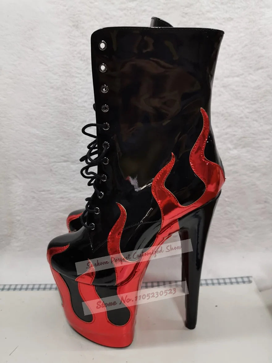 NEW Arrivals Sky High 20cm Handmade Stiletto High Heels Pole Dancing Stripper Shoes Hologram Iridescent Red Fire Shaped Patchwork Ankle Boots Platform Lace-Up Shoes