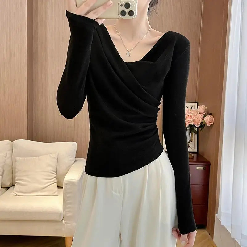 NEW Arrivals S-XL 3 Colors Popular Online Thickened Fleece Long Sleeve Women's Base Shirt Shoulder Bared Oversize Casual Fashion Trend Spring Autumn Ladies Clothes