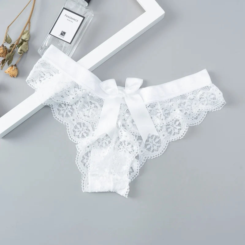 NEW Arrivals M-XL 7 Colors Sexy Lace Thong Women Bow Low Waist Panties Transparent Underwear Ladies Hollow Out Lingerie G-String Women Sexy Underwear