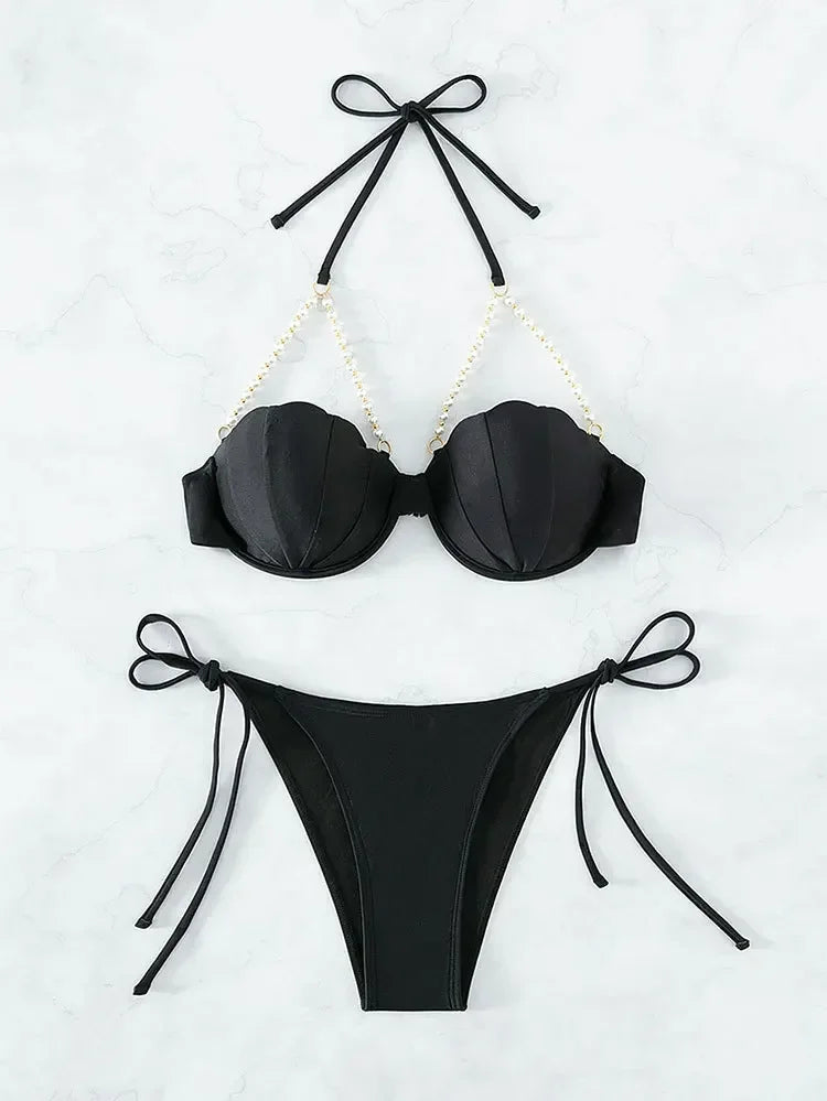 New Sexy White Bikini Women Pearls Swimwear Black Push Up Bathing Suit Swimsuit Female Solid Underwired Bra Cup Bikini Set