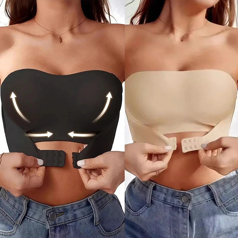 S-XL New Women's Strapless Bandeau Bra Removable Padded Soft Ice Silk Traceless Brasseries Wire Free Seamless Bra Smooth Underwear