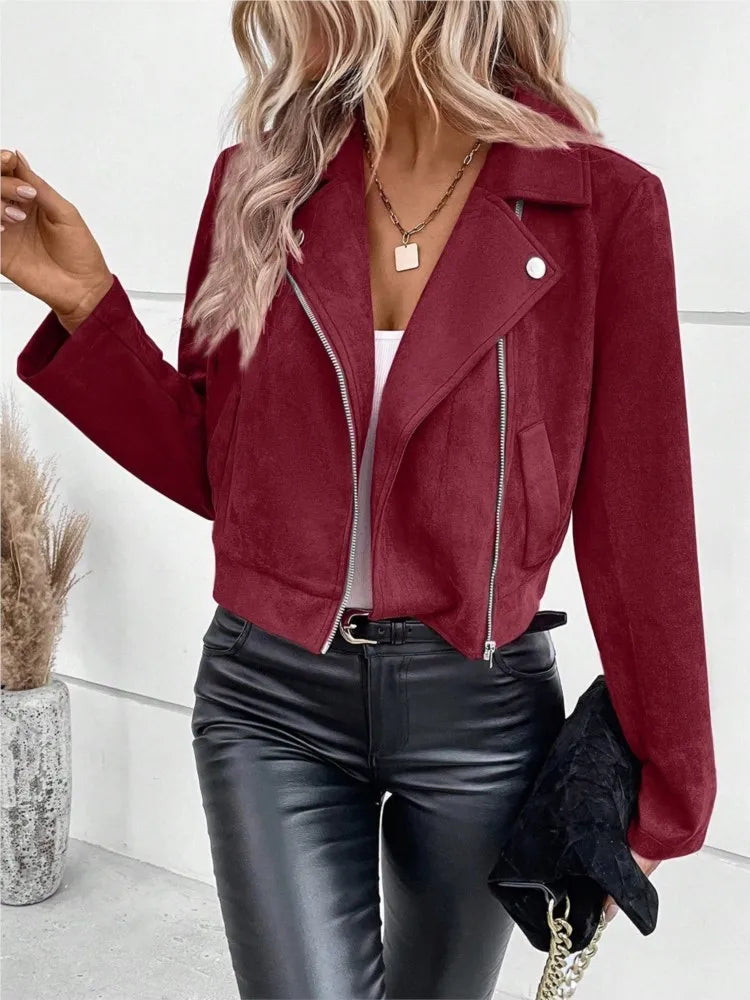 S-2XL US Size Women's Casual Lapel Zipper Jacket Imitation Deerskin Velvet Short Coat Winter Fashion Slim Women's Riding Short Jacket Casual Clothing Supplies