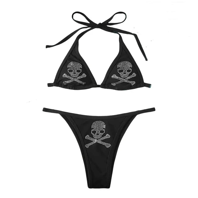 2 PCS Set Sexy Rhinestone Gothic Skull Bikini Kawaii Bikini Gothic Bikini Y2K Swimsuit Goth Bathing Suit Summer Holiday Beachwear Bra Brief Sets