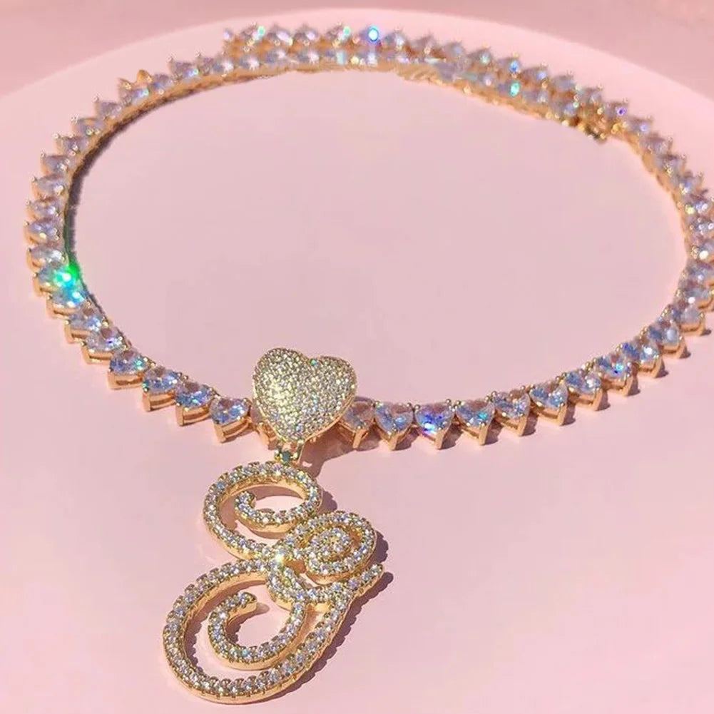 Gold/Silver Color A-Z Women’s Heart Initial Pendant Necklace, Iced Out Rhinestone Letter Charm Tennis Chain Choker, Luxury Bling Jewelry Gifts