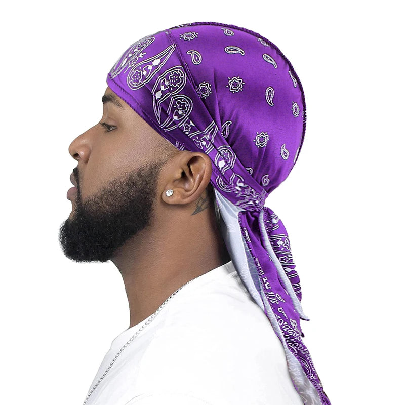 New Men Satin Paisley 8 Colors  Durag Turban Bandanas Headwear Silky Durag Doo Rag Long Tail Pirate Hat Wave Caps Hair Accessories